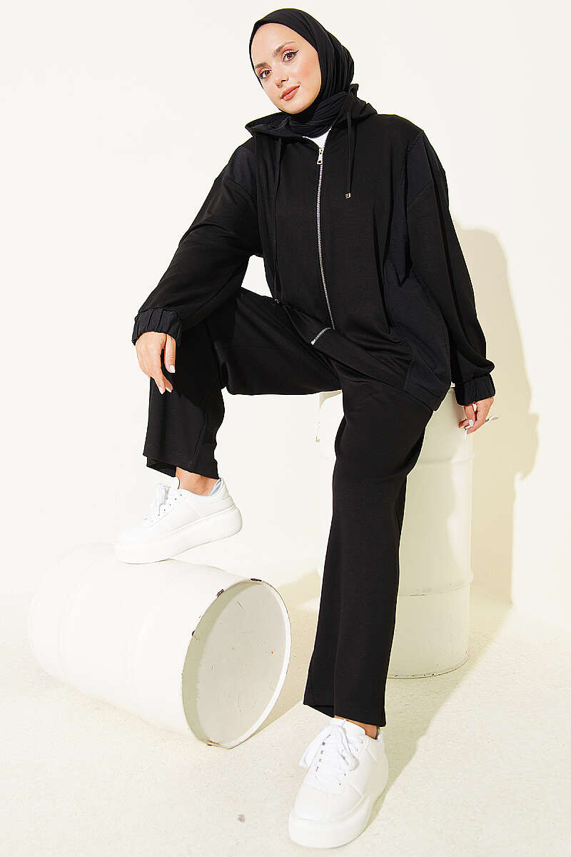 Hooded Zip-Detail Two-Piece Set - Black