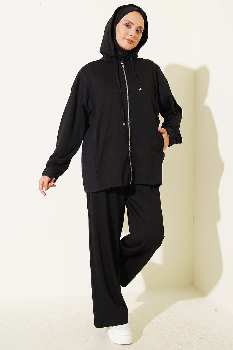 Hooded Zip-Detail Two-Piece Set - Black