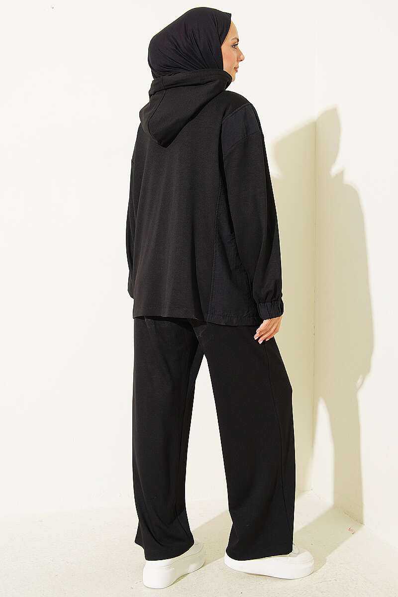 Hooded Zip-Detail Two-Piece Set - Black