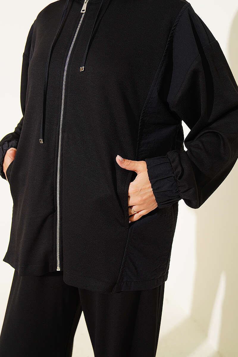 Hooded Zip-Detail Two-Piece Set - Black