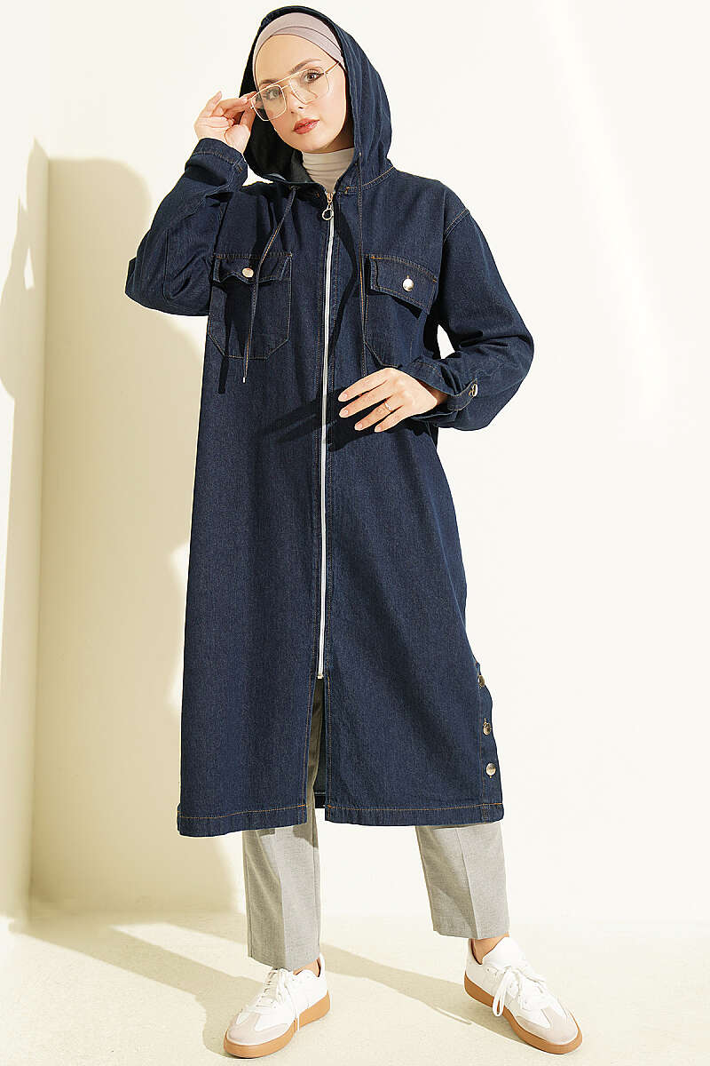 Hooded Cape Coat with Zip Detail - Navy