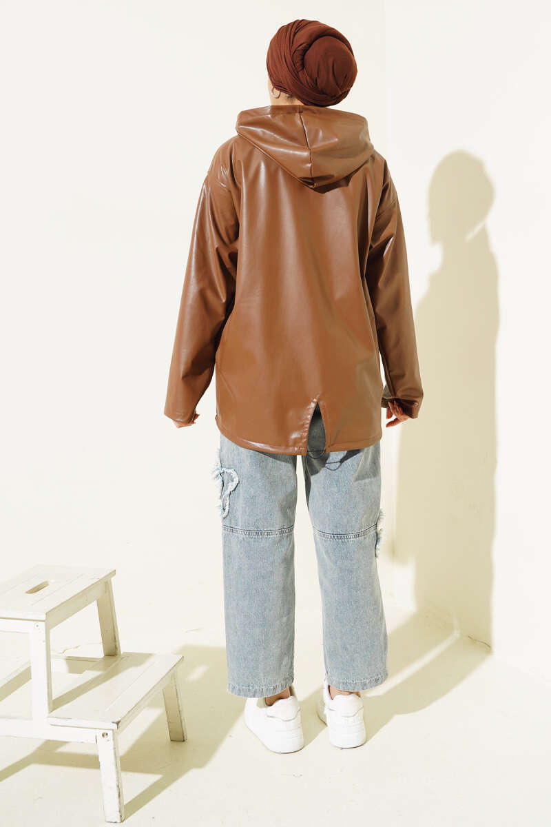 Hooded Faux Leather Zip Jacket - Tan