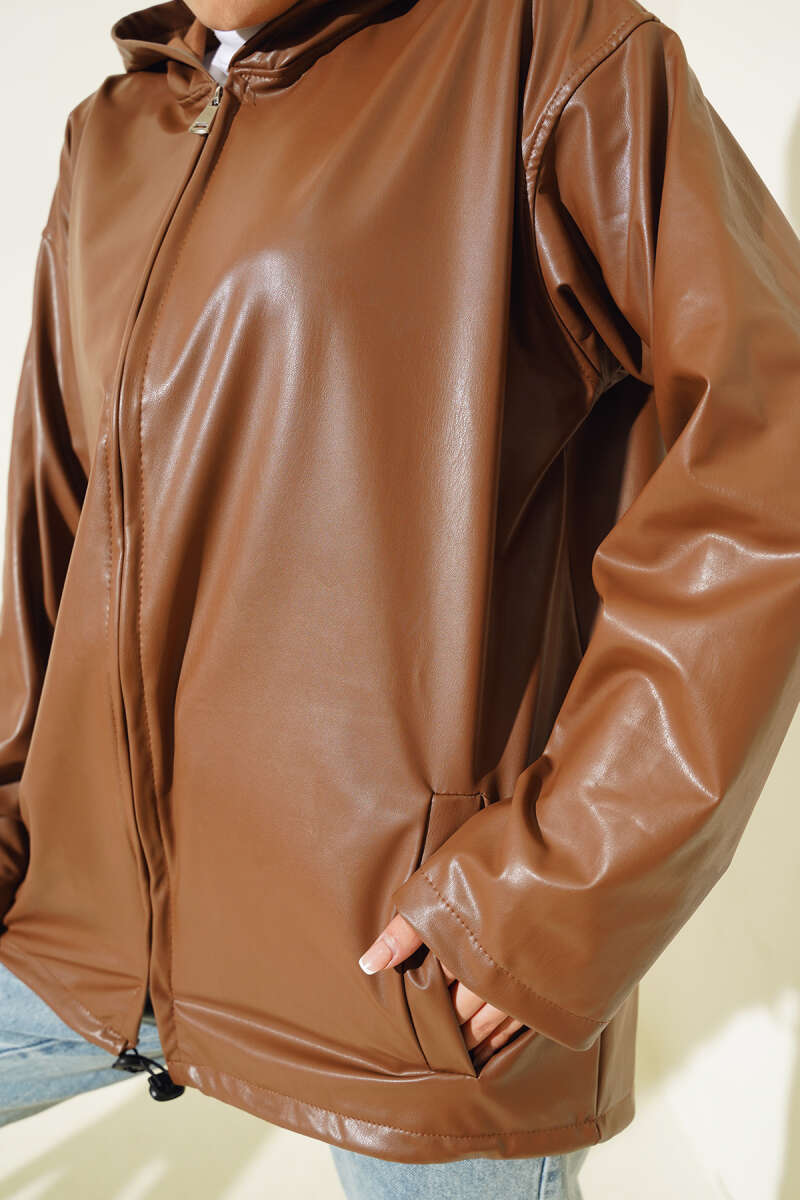 Hooded Faux Leather Zip Jacket - Tan
