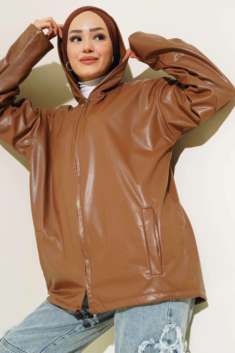 Hooded Faux Leather Zip Jacket - Tan