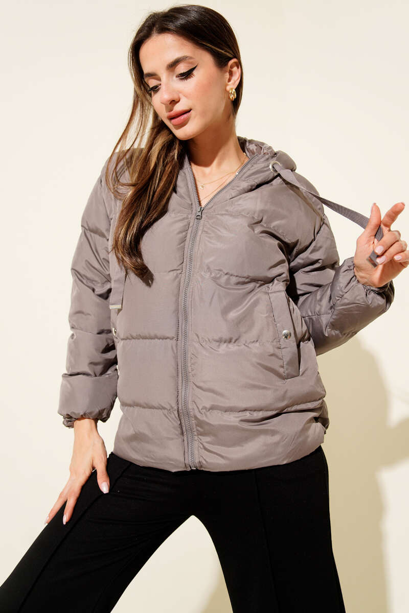 Short Hooded Zip Puffer Coat - Smoke Grey
