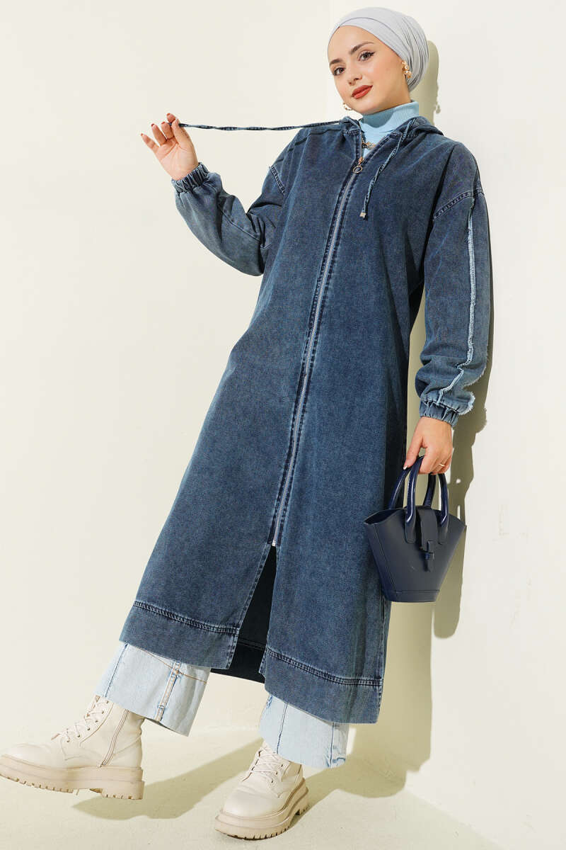 Hooded Zip Denim Cape - Dark Blue