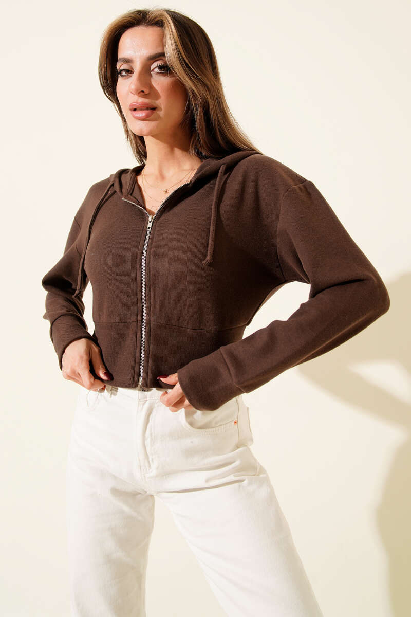 Short Hooded Ribbed Cardigan - Brown