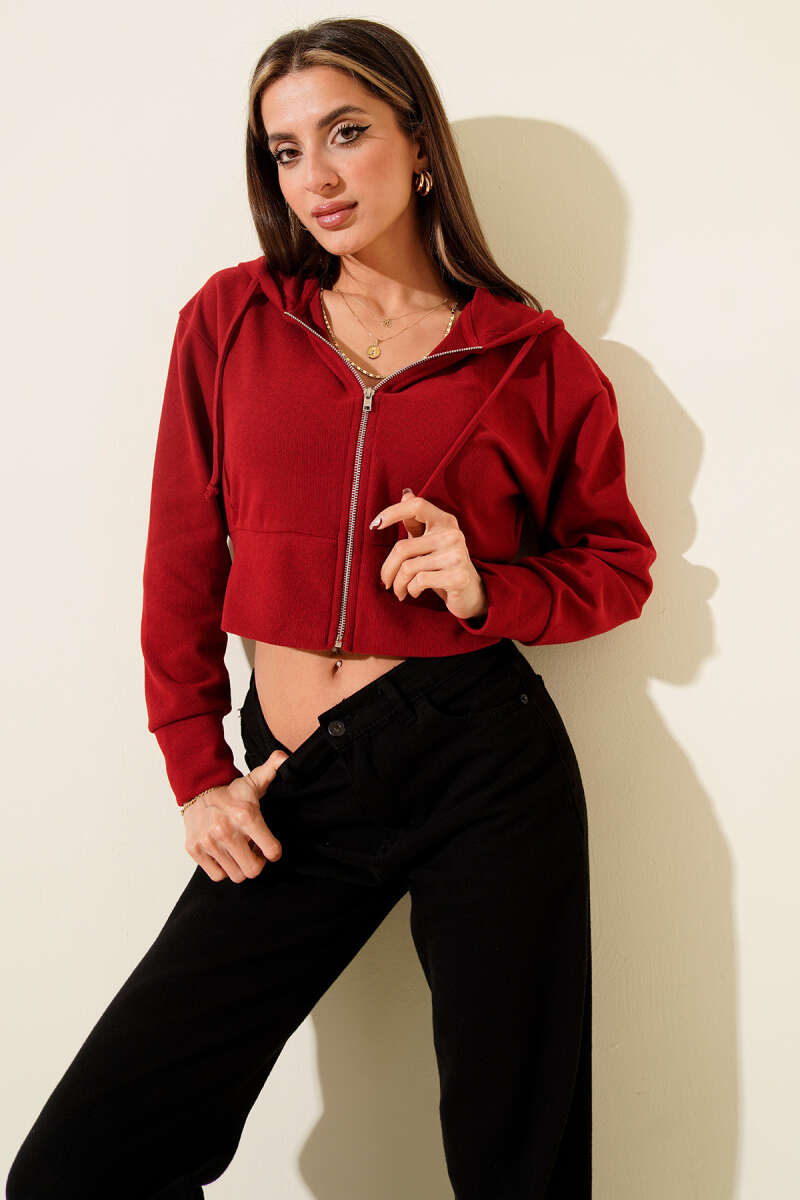 Short Hooded Ribbed Cardigan - Red
