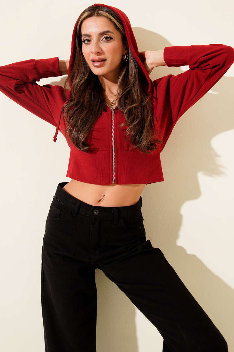 Short Hooded Ribbed Cardigan - Red