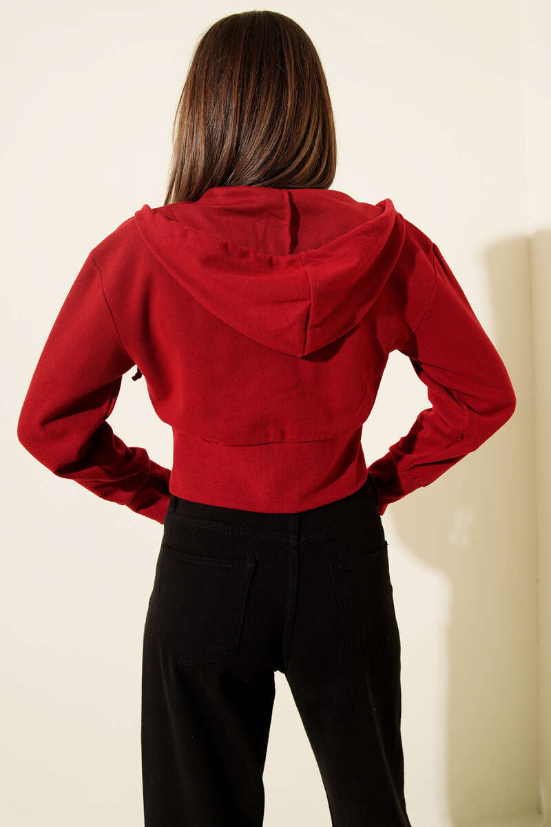 Short Hooded Ribbed Cardigan - Red