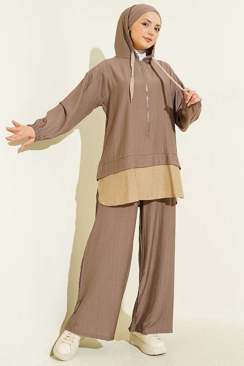 Hooded Two-Piece Set with Trim Detail - Mink