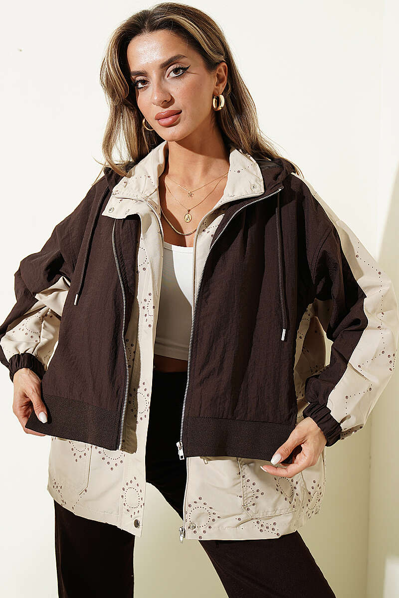Hooded Trench Coat with Trim - Beige