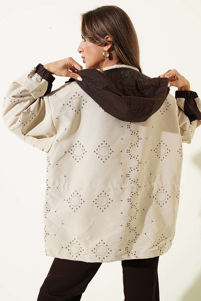 Hooded Trench Coat with Trim - Beige