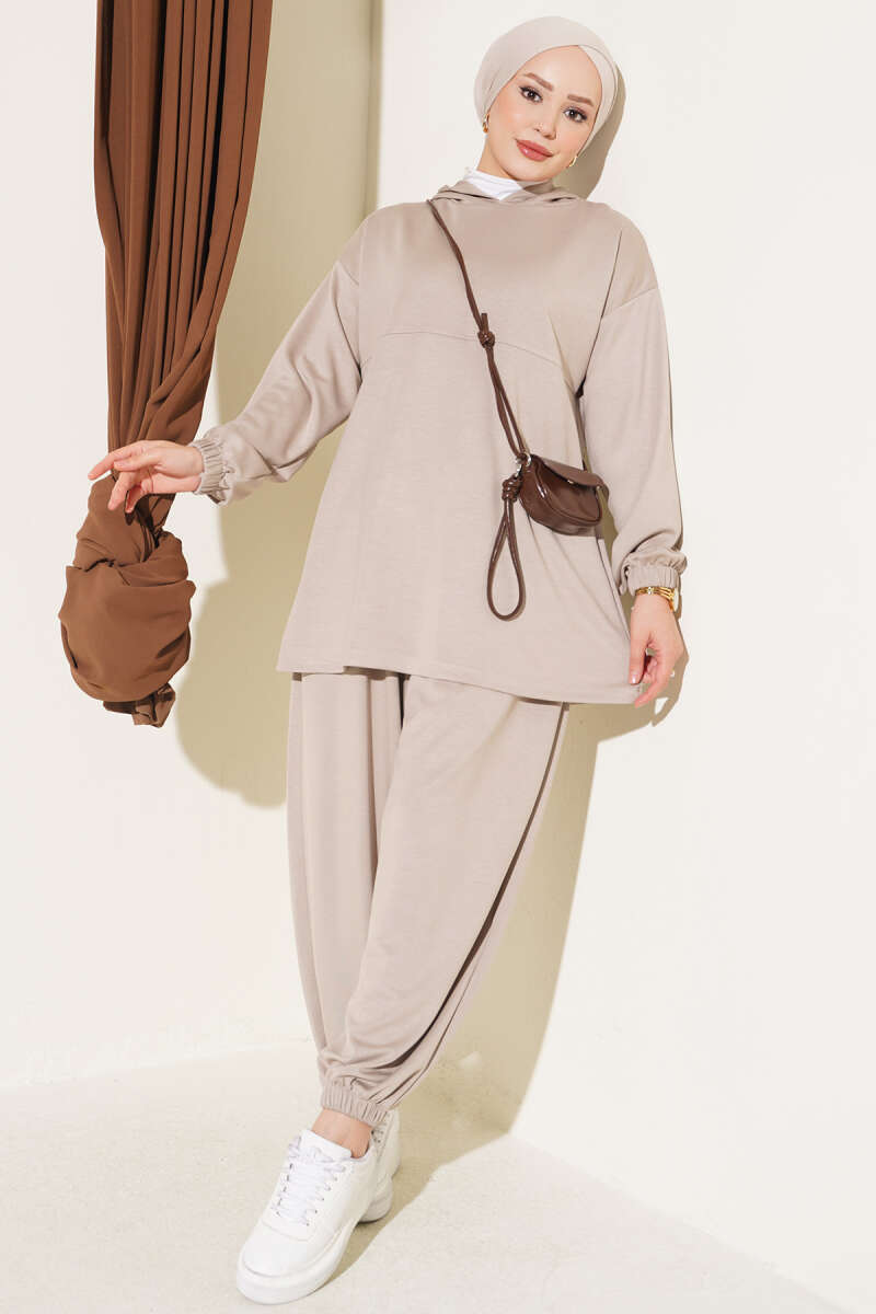 Hooded Two-Piece Set with Tie Cord - Beige
