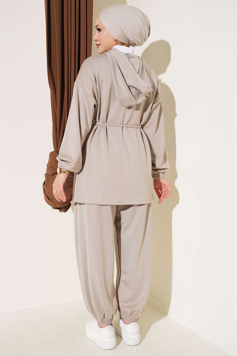 Hooded Two-Piece Set with Tie Cord - Beige