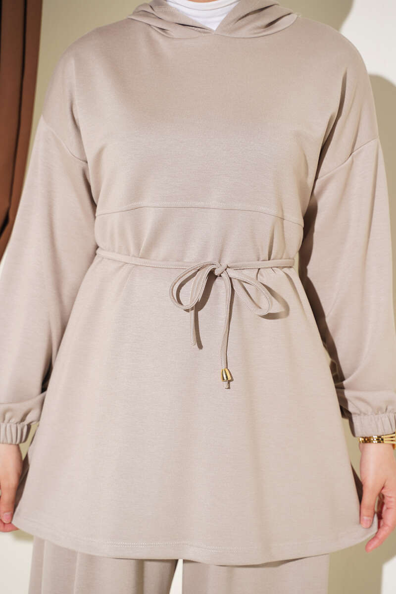 Hooded Two-Piece Set with Tie Cord - Beige