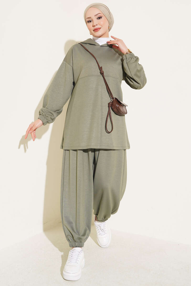 Hooded Two-Piece Set with Tie Cord - Almond Green