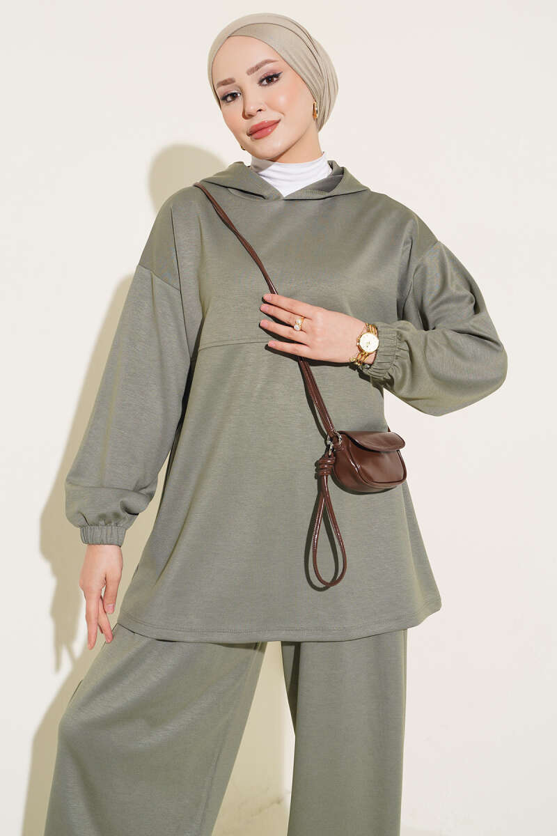 Hooded Two-Piece Set with Tie Cord - Almond Green