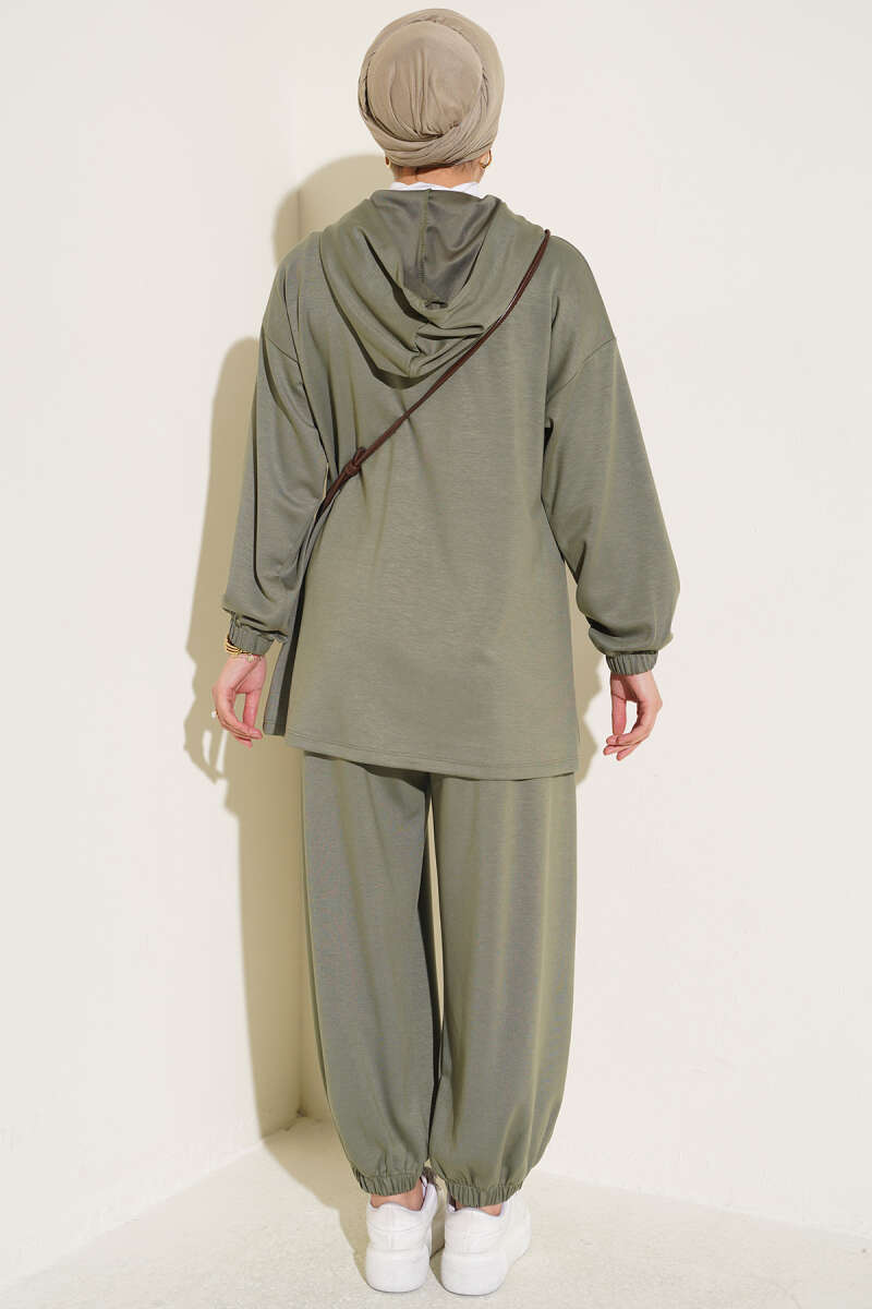 Hooded Two-Piece Set with Tie Cord - Almond Green