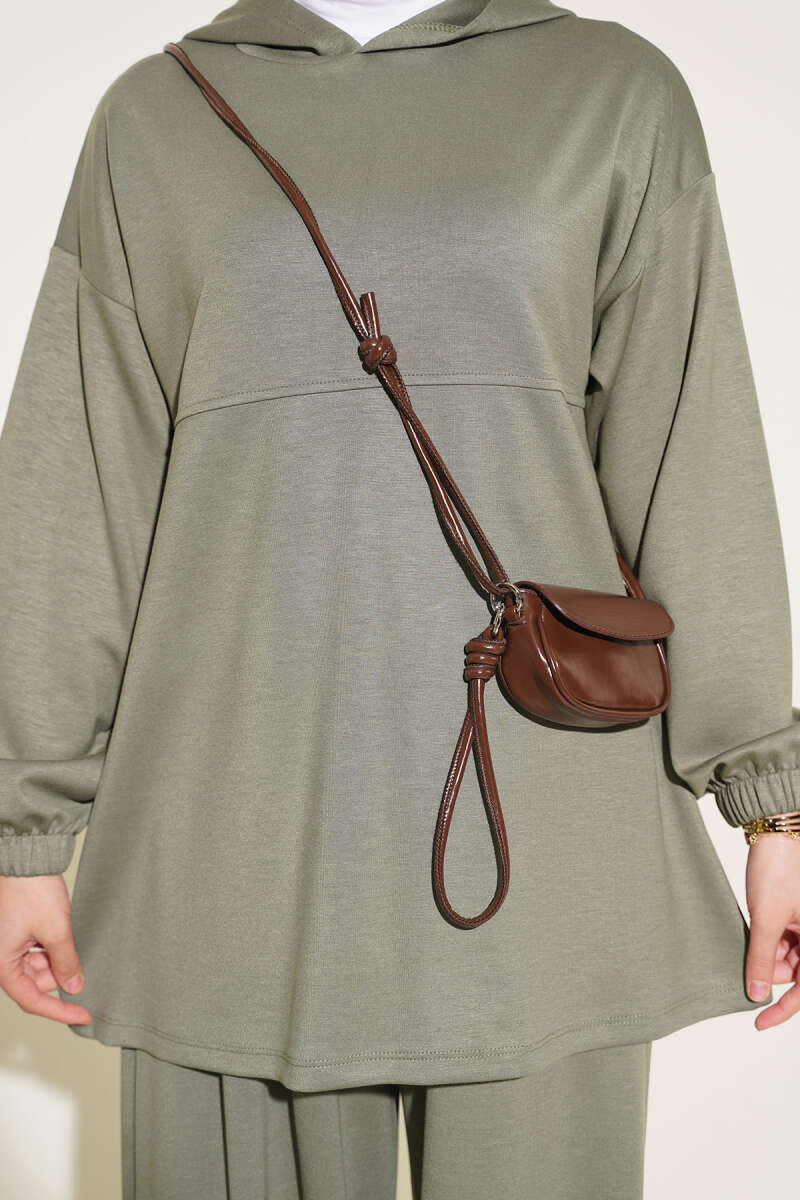 Hooded Two-Piece Set with Tie Cord - Almond Green