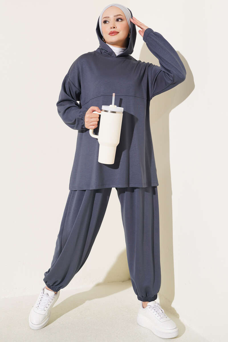 Hooded Two-Piece Set with Tie Cord - Smoke Grey