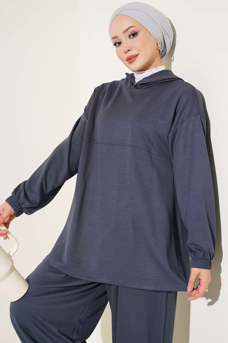 Hooded Two-Piece Set with Tie Cord - Smoke Grey