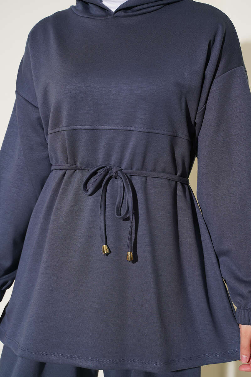 Hooded Two-Piece Set with Tie Cord - Smoke Grey