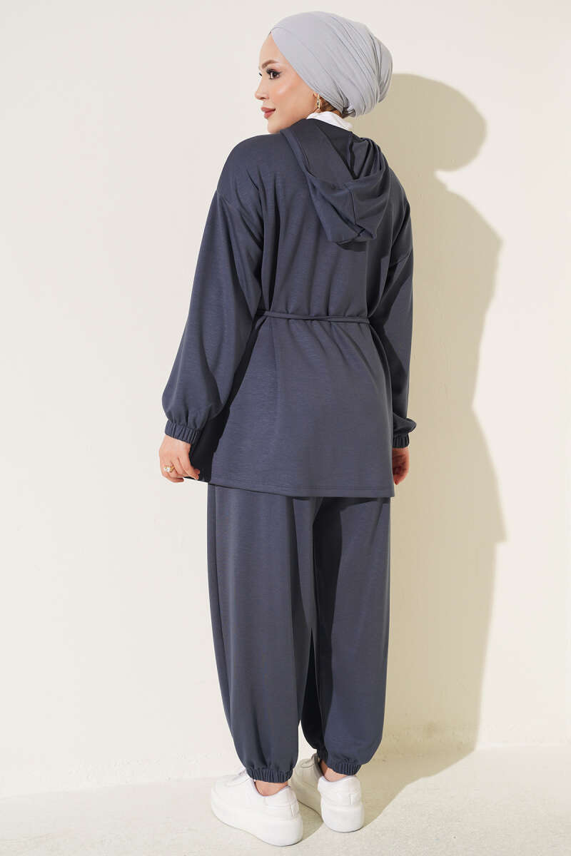 Hooded Two-Piece Set with Tie Cord - Smoke Grey