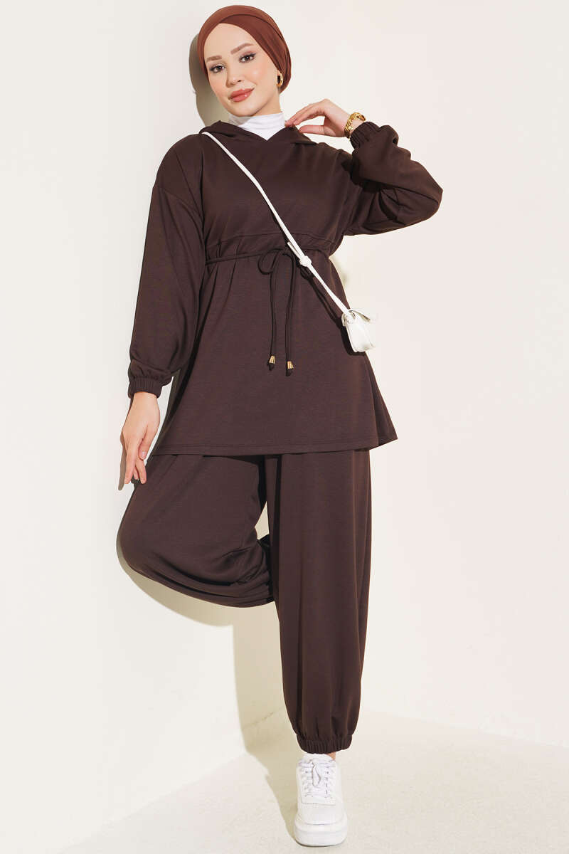 Hooded Two-Piece Set with Tie Cord - Brown