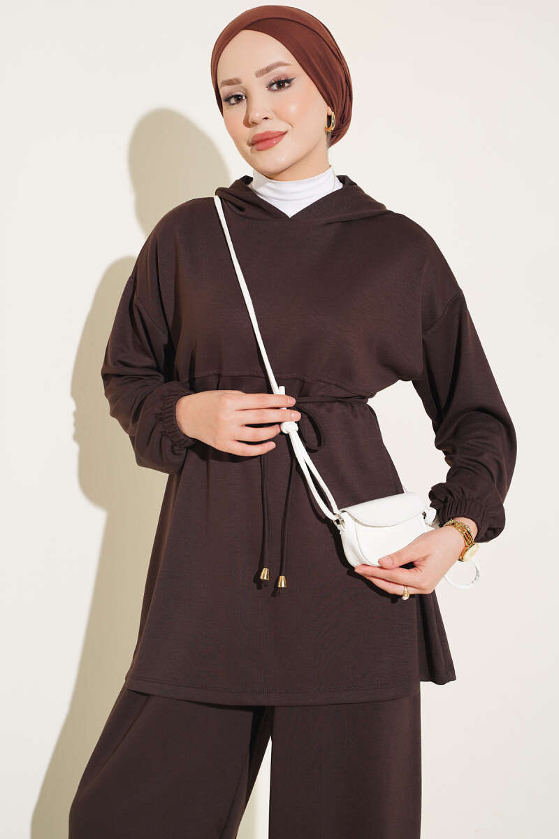 Hooded Two-Piece Set with Tie Cord - Brown