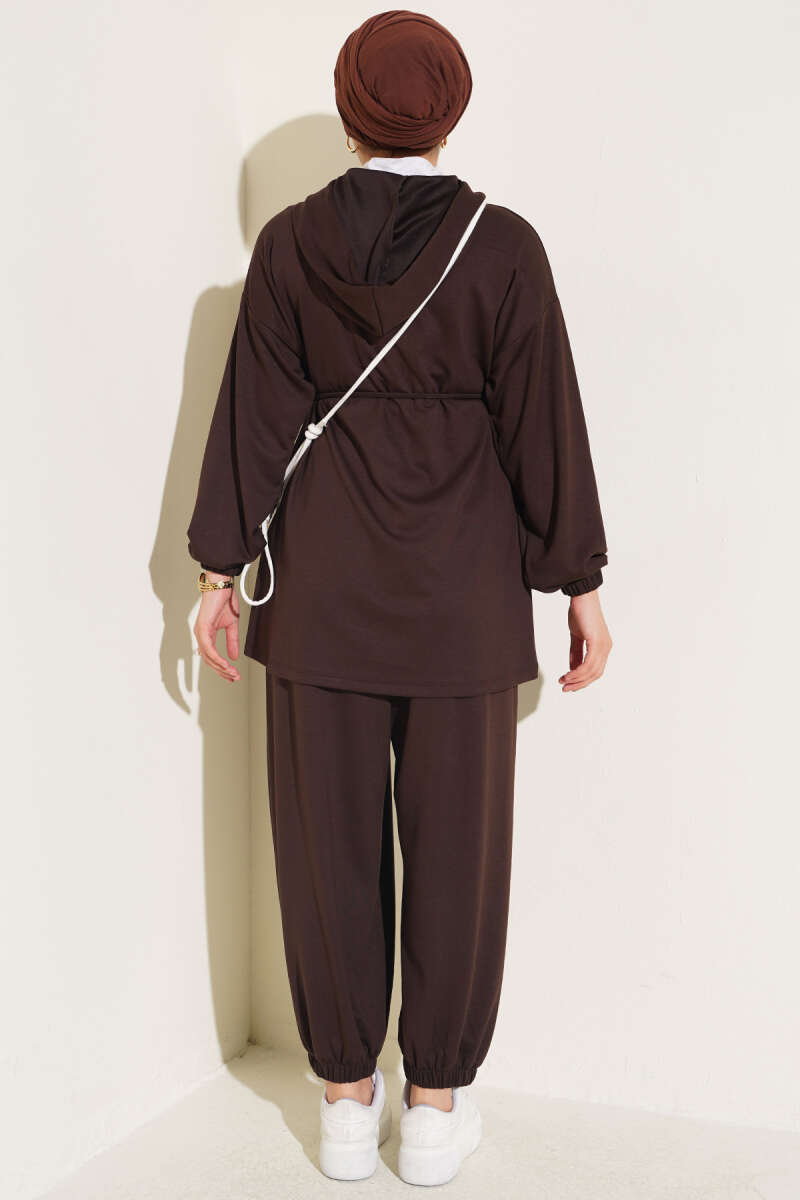 Hooded Two-Piece Set with Tie Cord - Brown