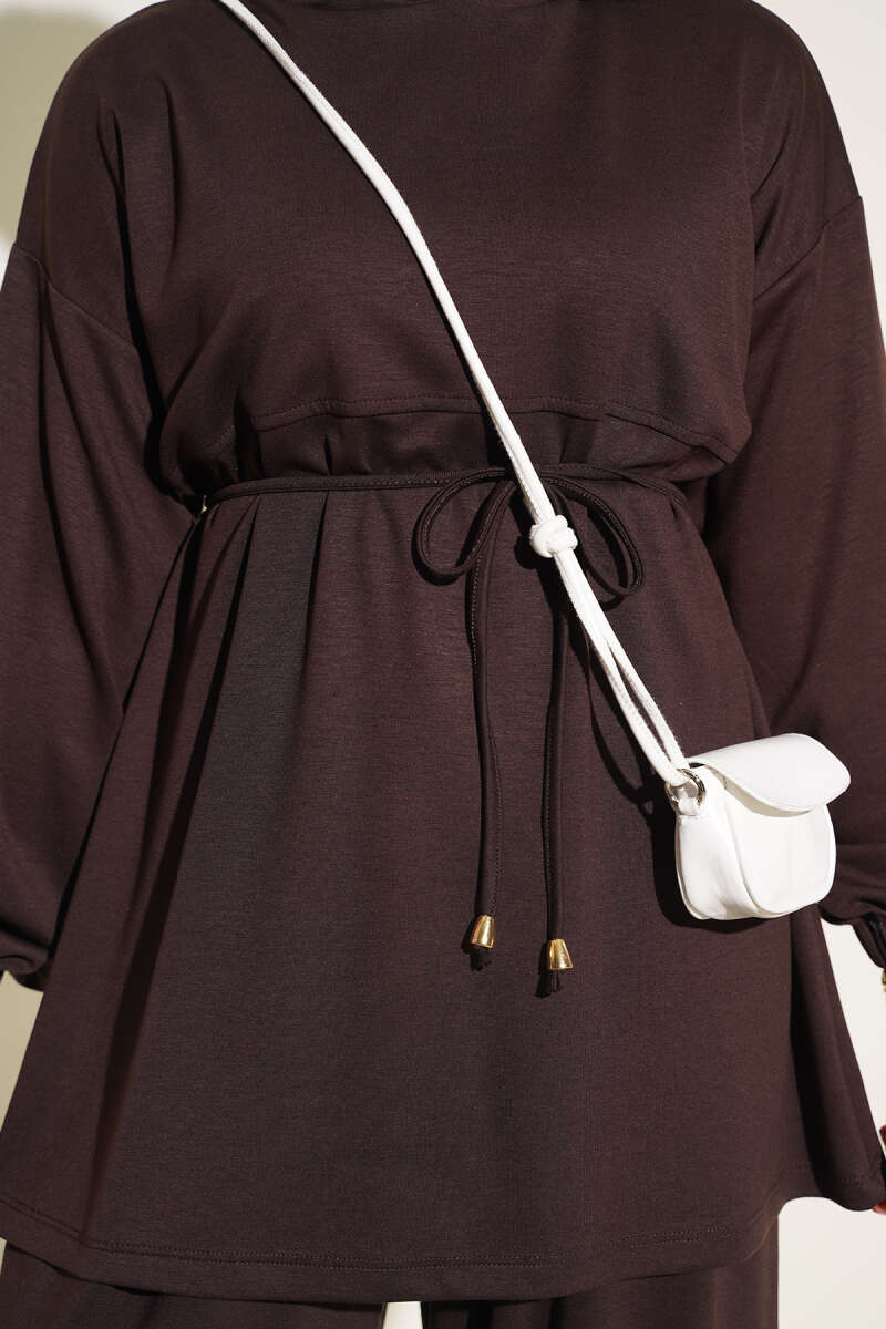 Hooded Two-Piece Set with Tie Cord - Brown