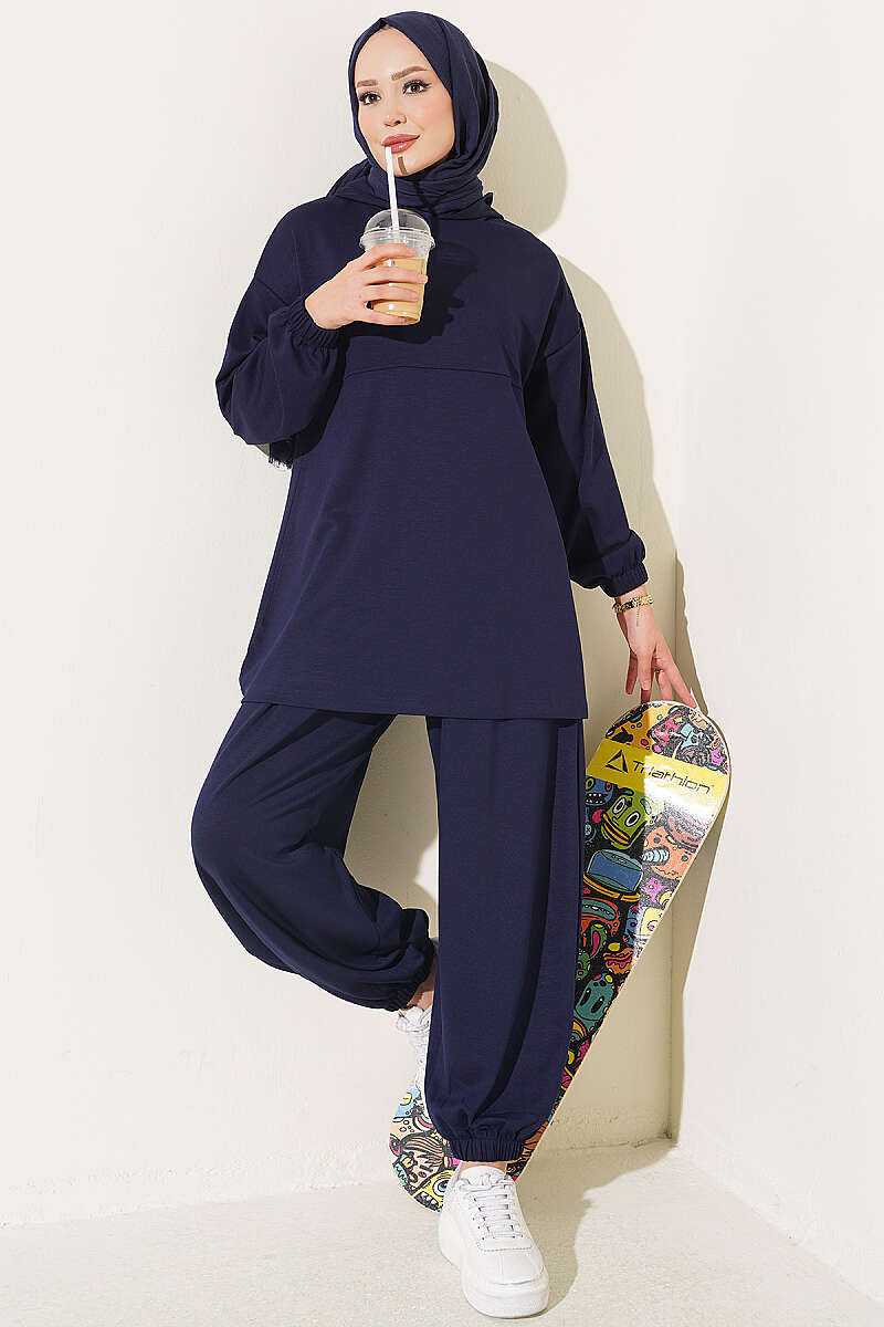 Hooded Two-Piece Set with Tie Cord - Navy
