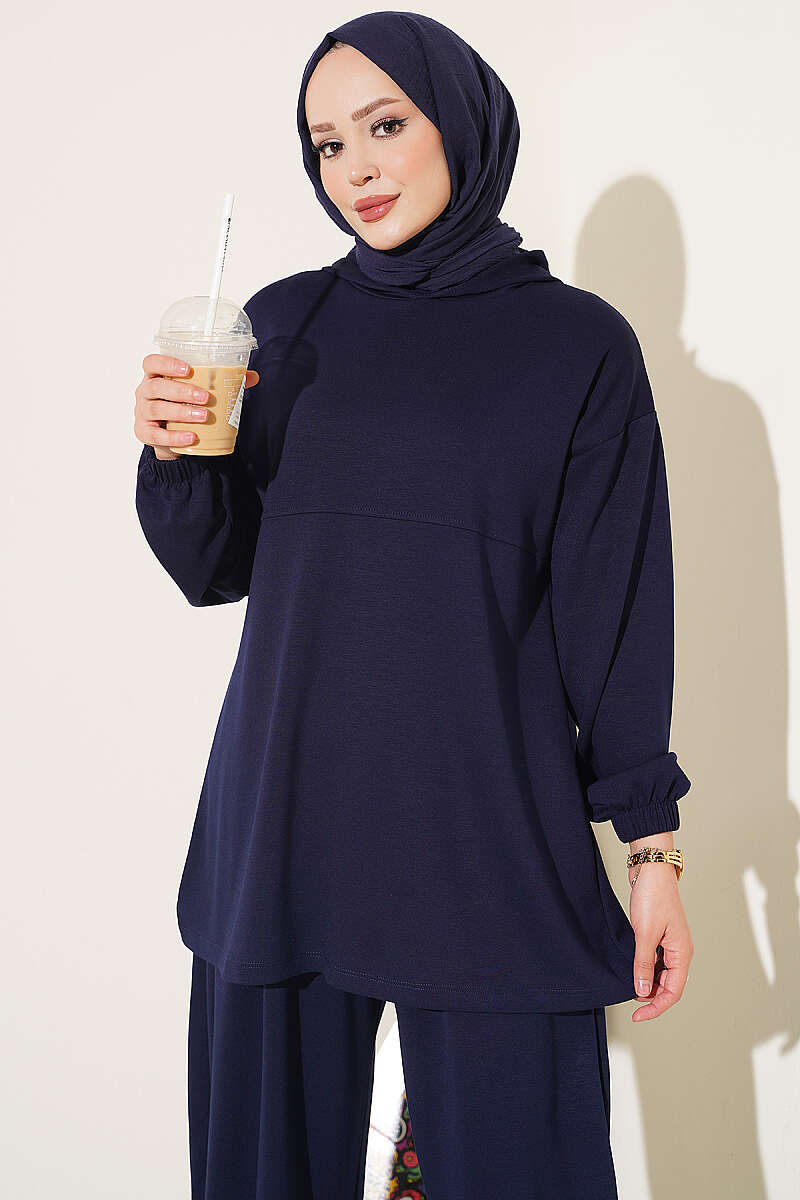 Hooded Two-Piece Set with Tie Cord - Navy