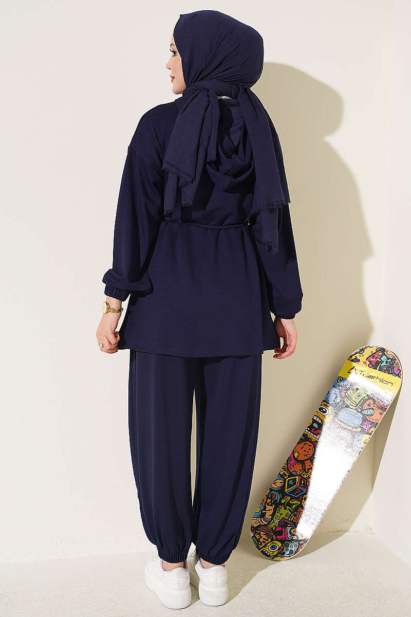 Hooded Two-Piece Set with Tie Cord - Navy