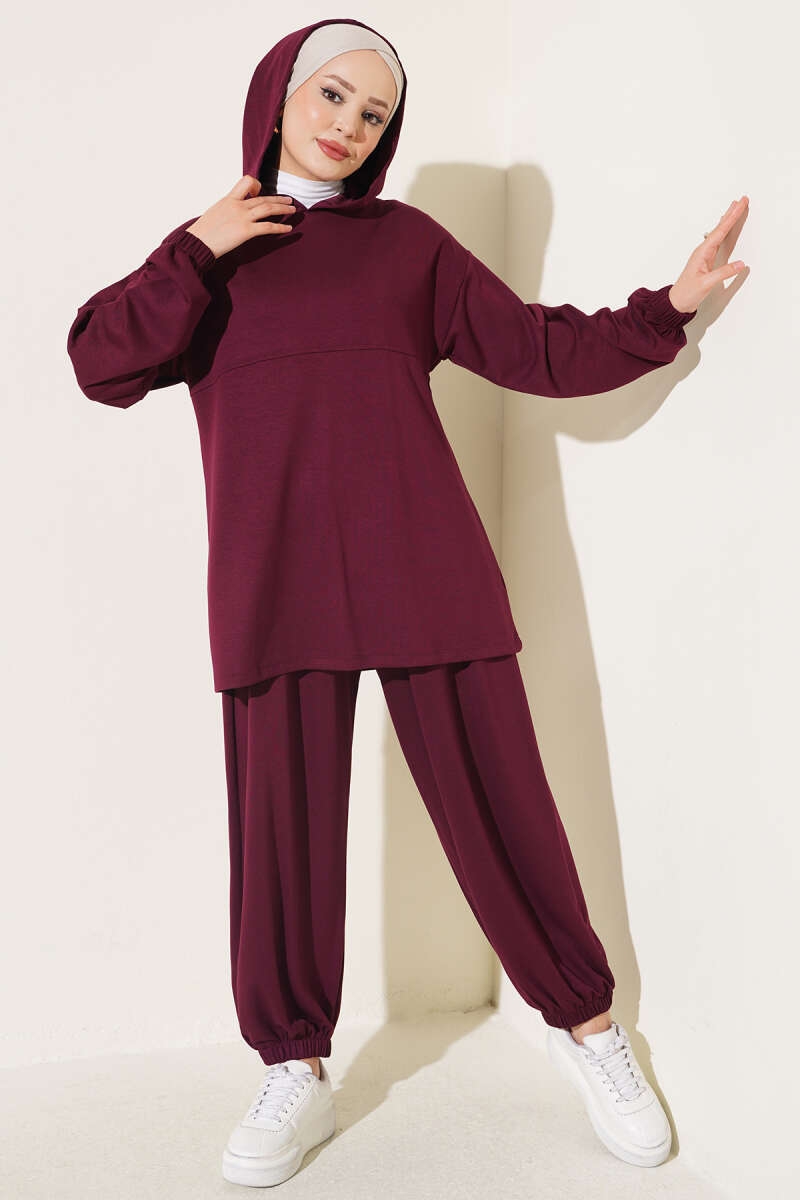 Hooded Two-Piece Set with Tie Cord - Plum