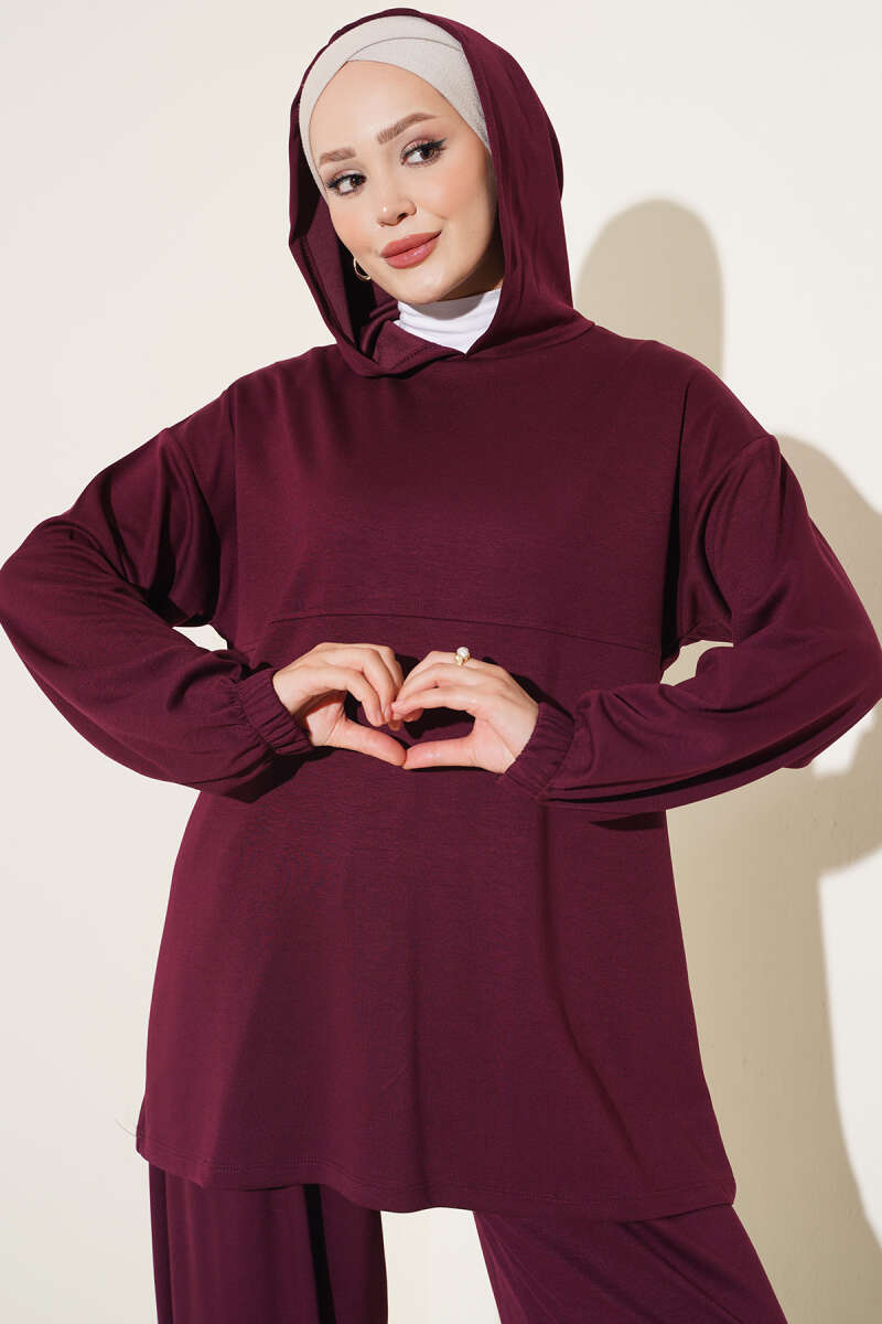 Hooded Two-Piece Set with Tie Cord - Plum