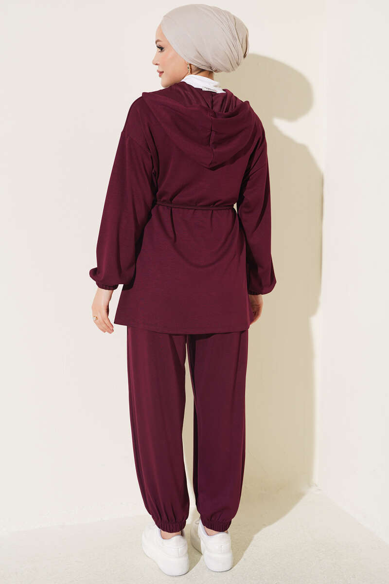 Hooded Two-Piece Set with Tie Cord - Plum