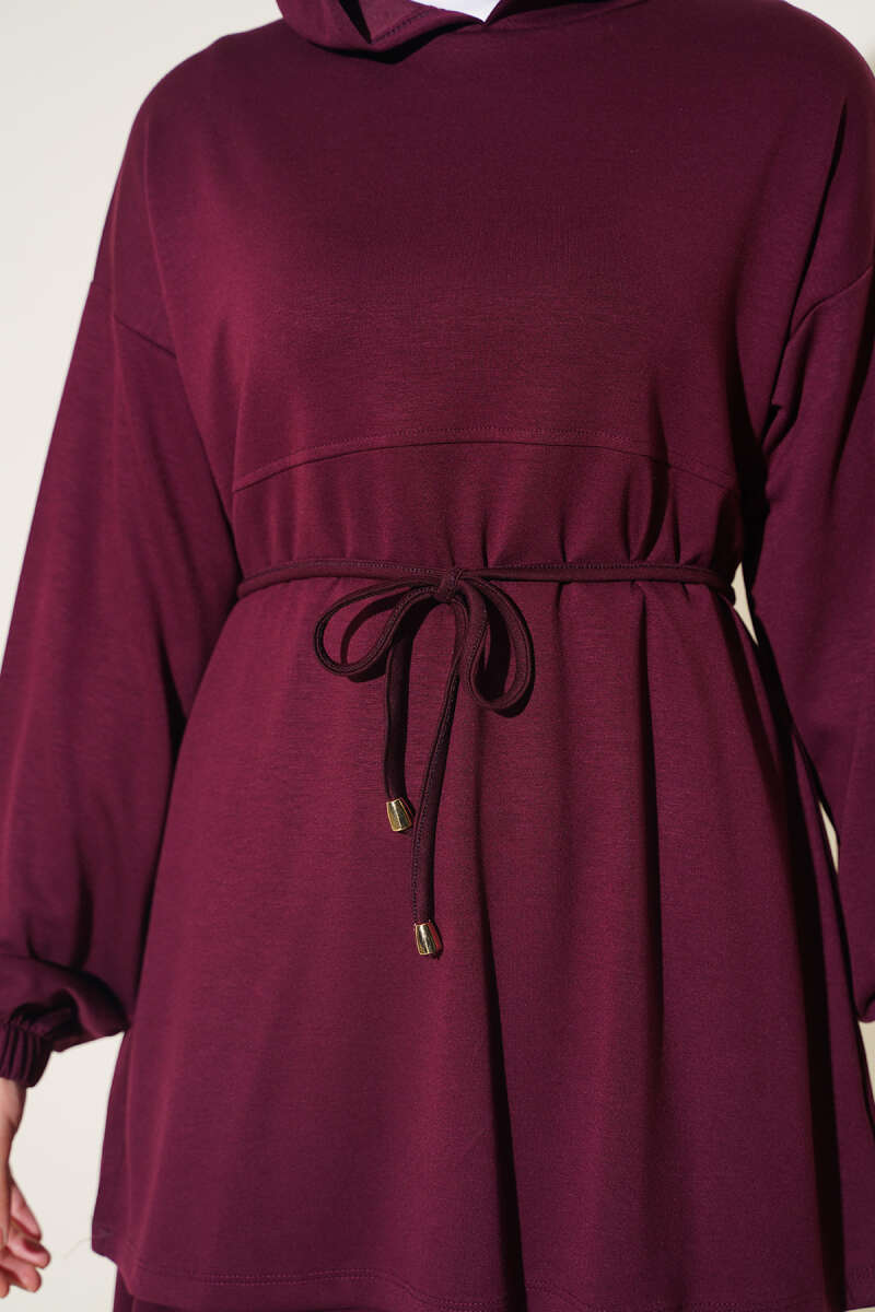 Hooded Two-Piece Set with Tie Cord - Plum