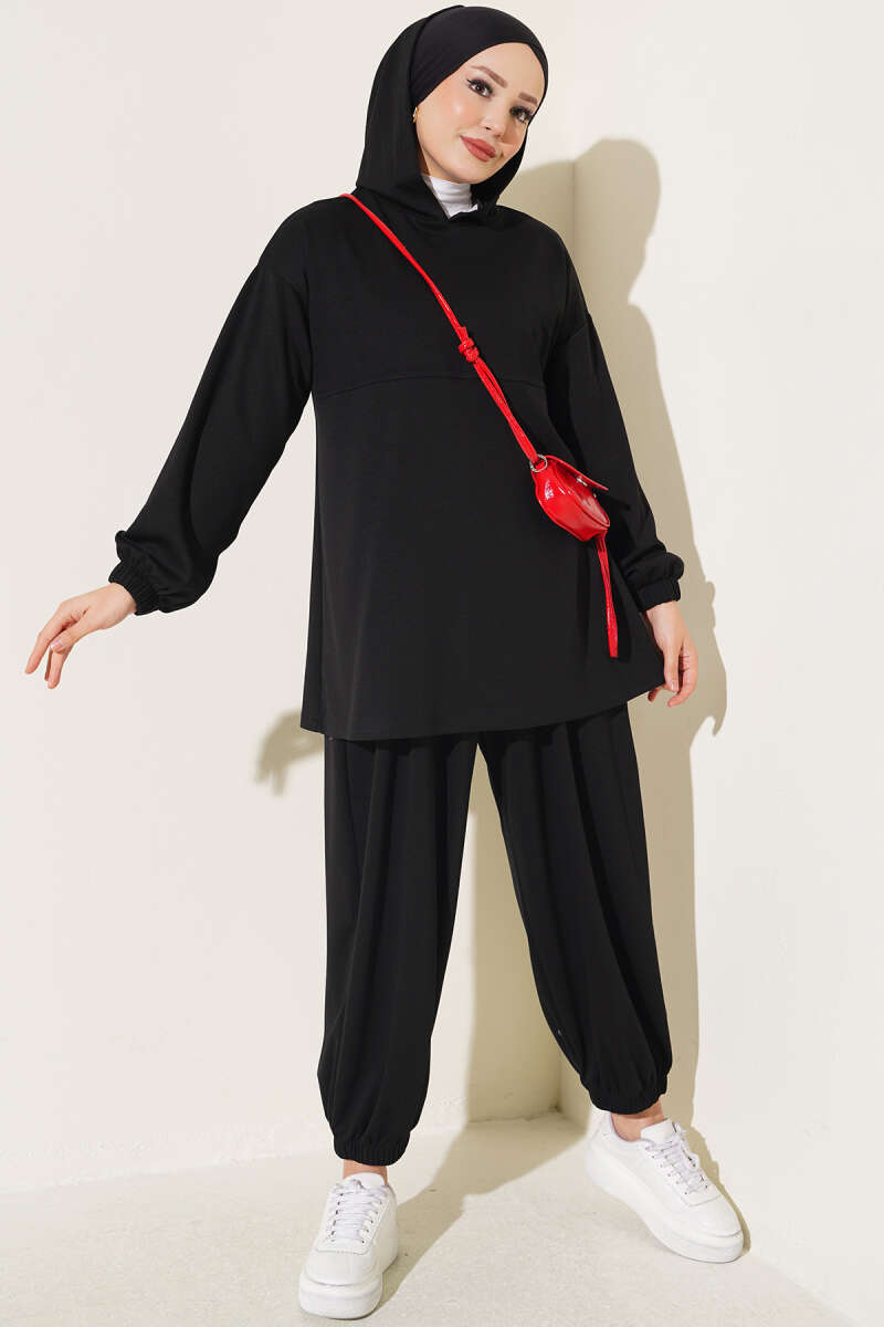 Hooded Two-Piece Set with Tie Cord - Black