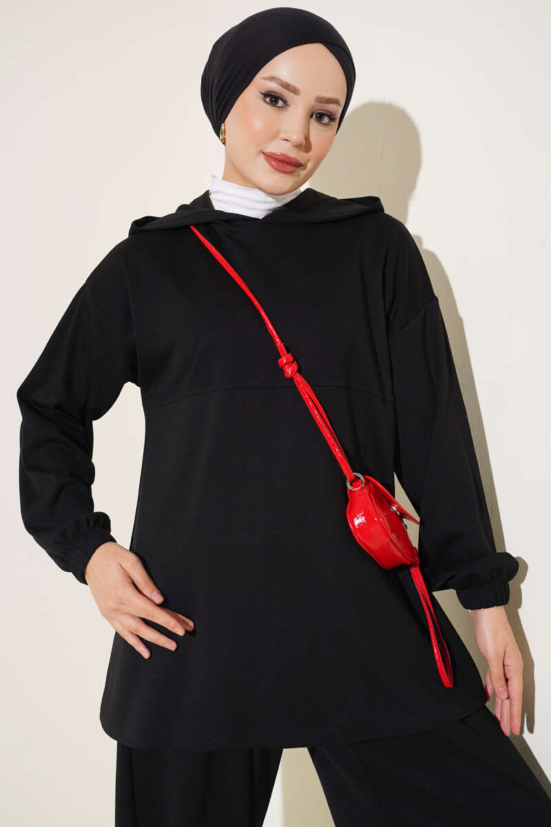 Hooded Two-Piece Set with Tie Cord - Black