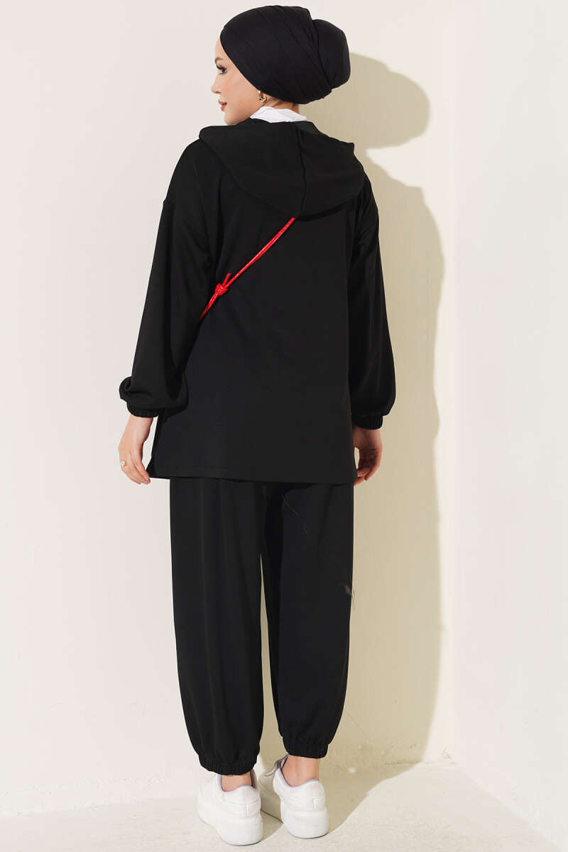Hooded Two-Piece Set with Tie Cord - Black