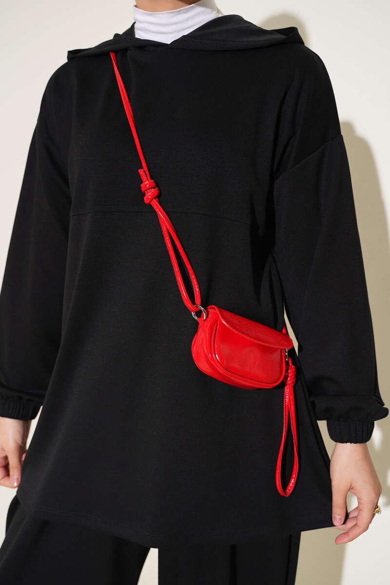 Hooded Two-Piece Set with Tie Cord - Black