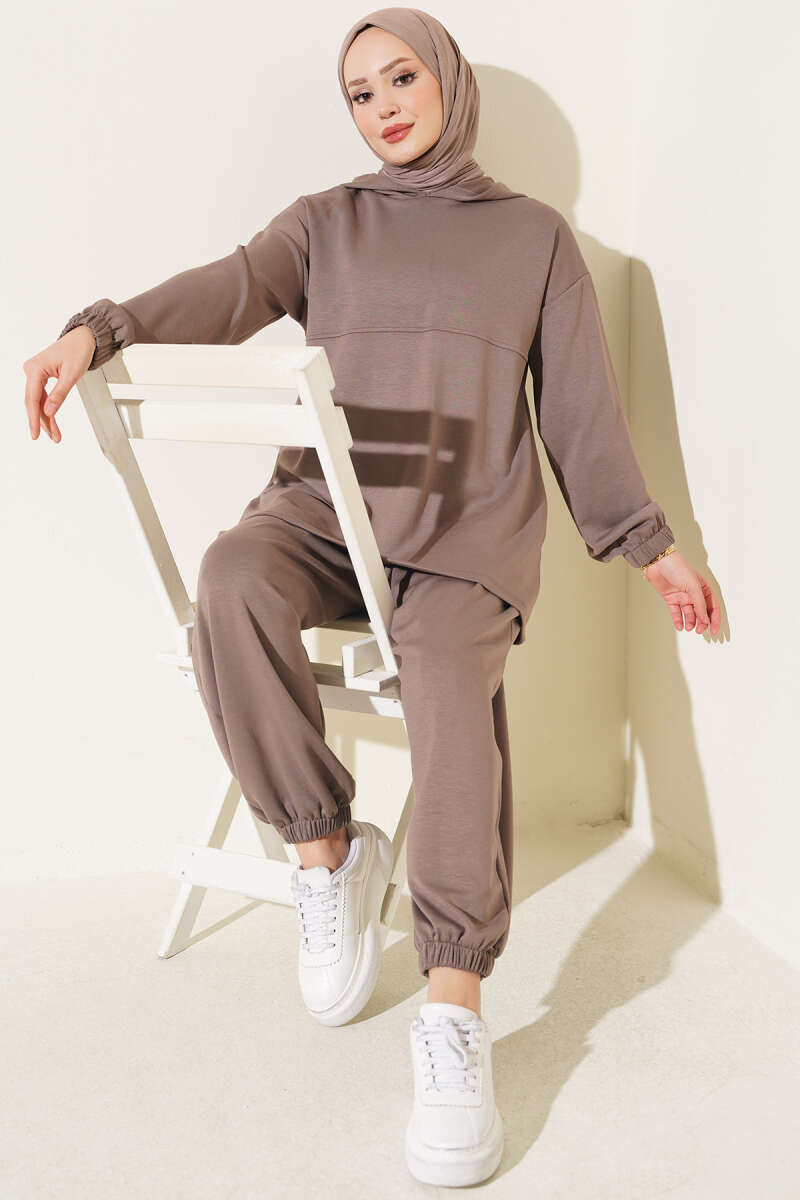 Hooded Two-Piece Set with Tie Cord - Mink