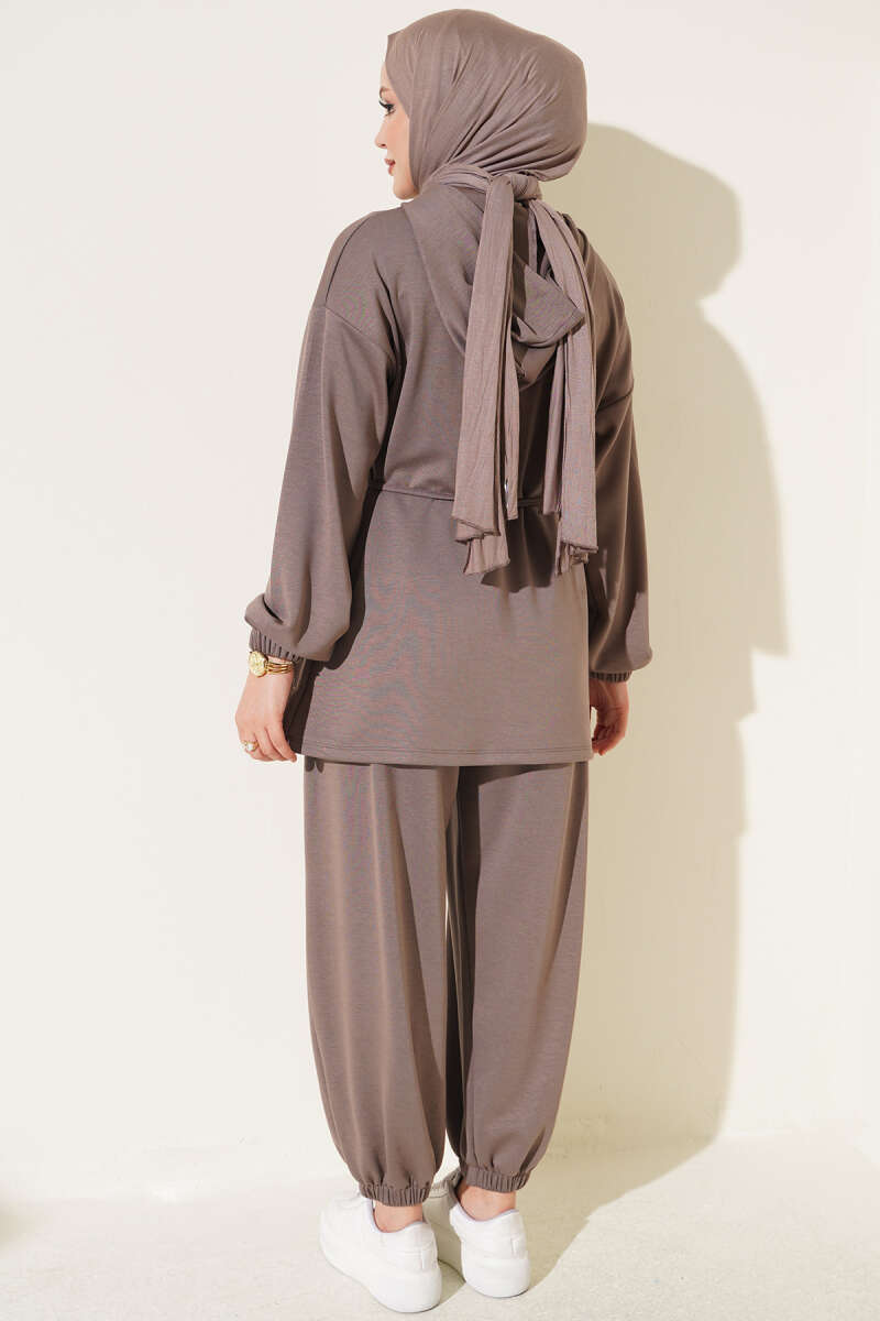 Hooded Two-Piece Set with Tie Cord - Mink