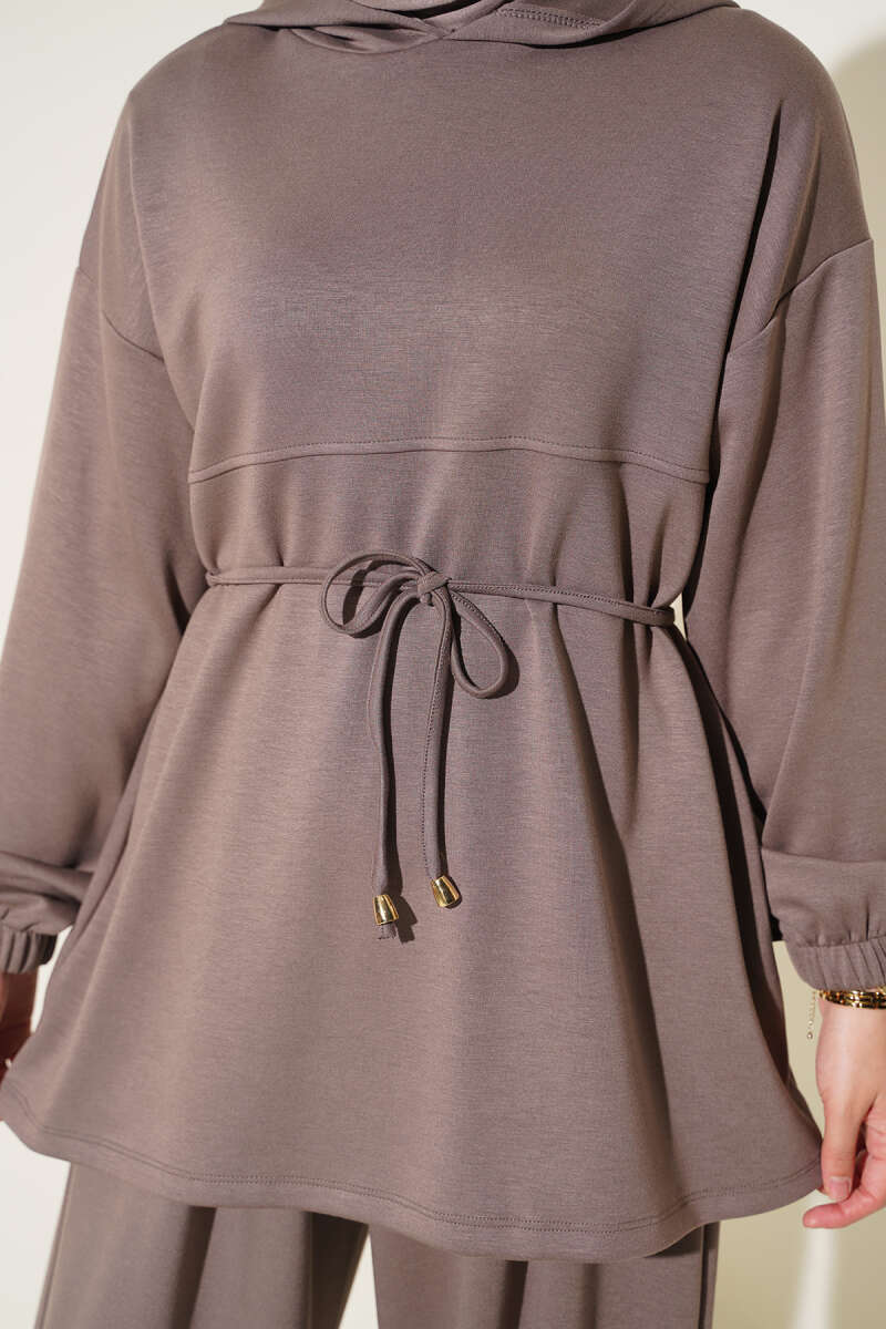Hooded Two-Piece Set with Tie Cord - Mink