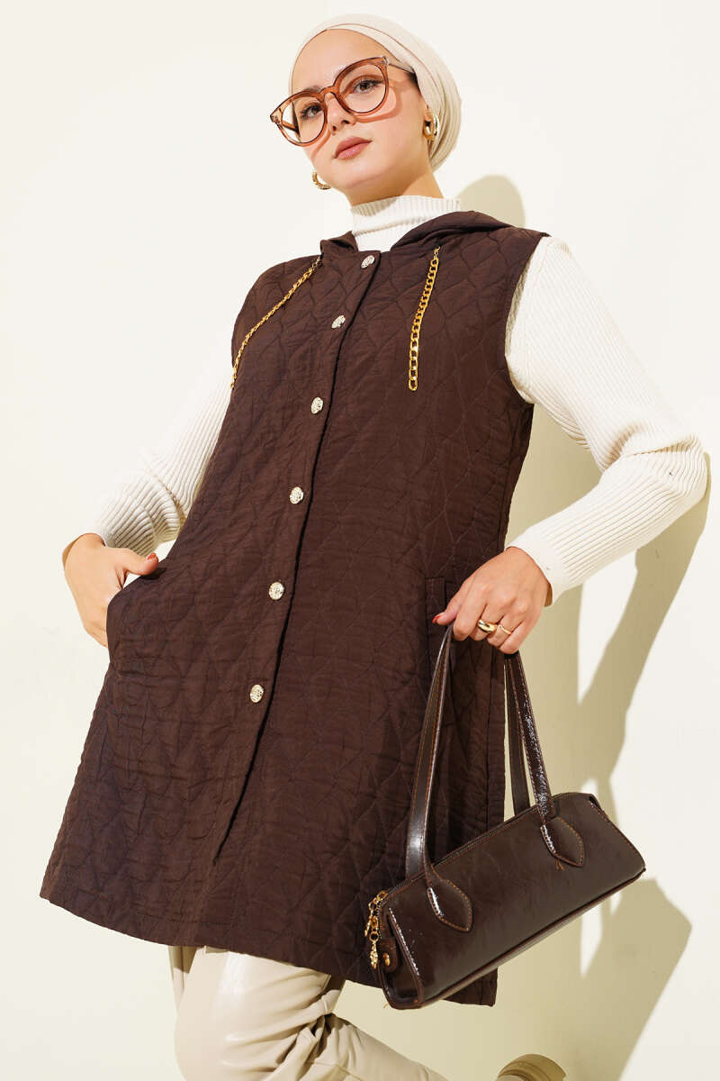 Short Hooded Quilted Vest - Brown
