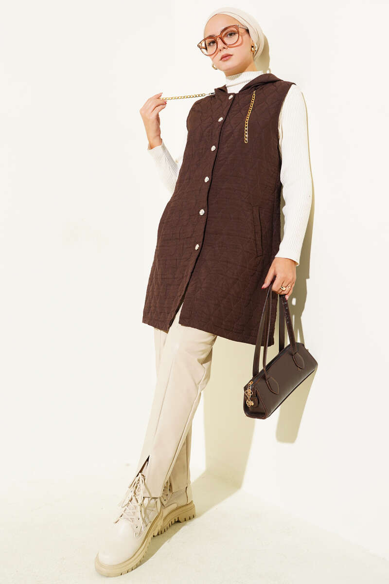 Short Hooded Quilted Vest - Brown