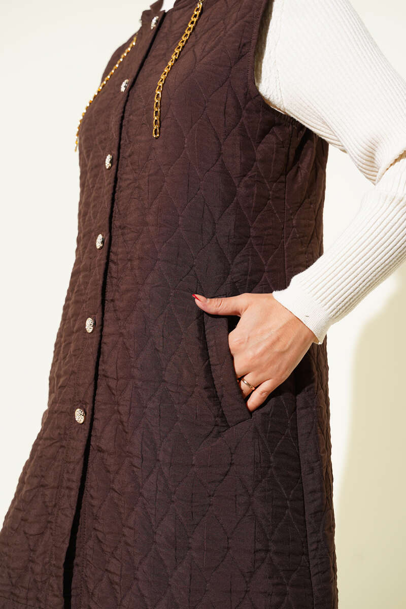 Short Hooded Quilted Vest - Brown