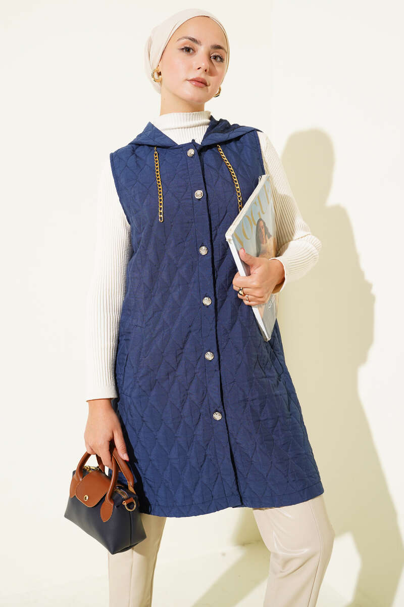 Short Hooded Quilted Vest - Navy